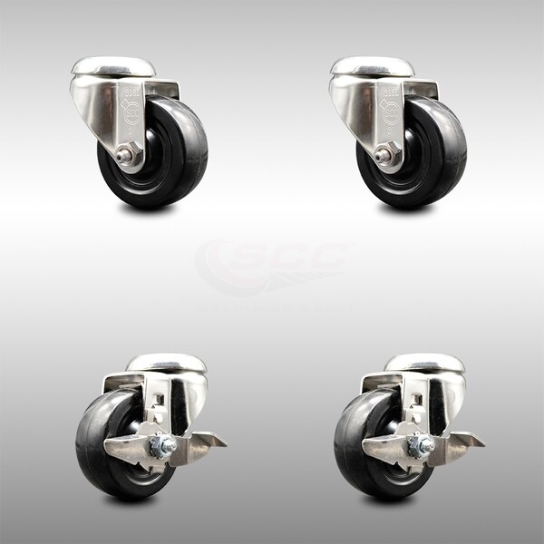 3 Inch 316SS Soft Rubber Wheel Swivel Bolt Hole Caster Brakes SCC, 2PK